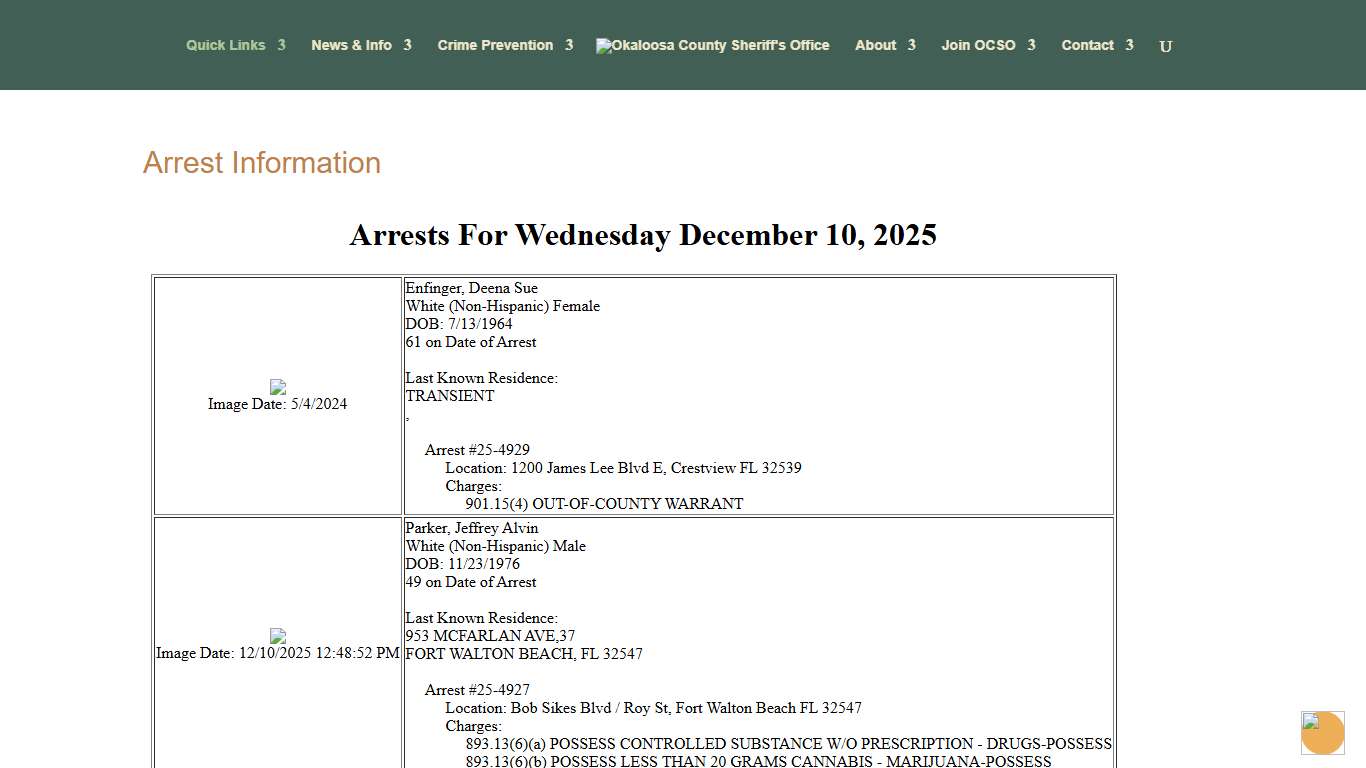 Arrest Information Okaloosa County Sheriff's Office